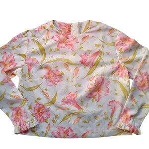True Vintage Women's Medium Handmade Floral Granny Blouse Zipback Ruffled Cuffs